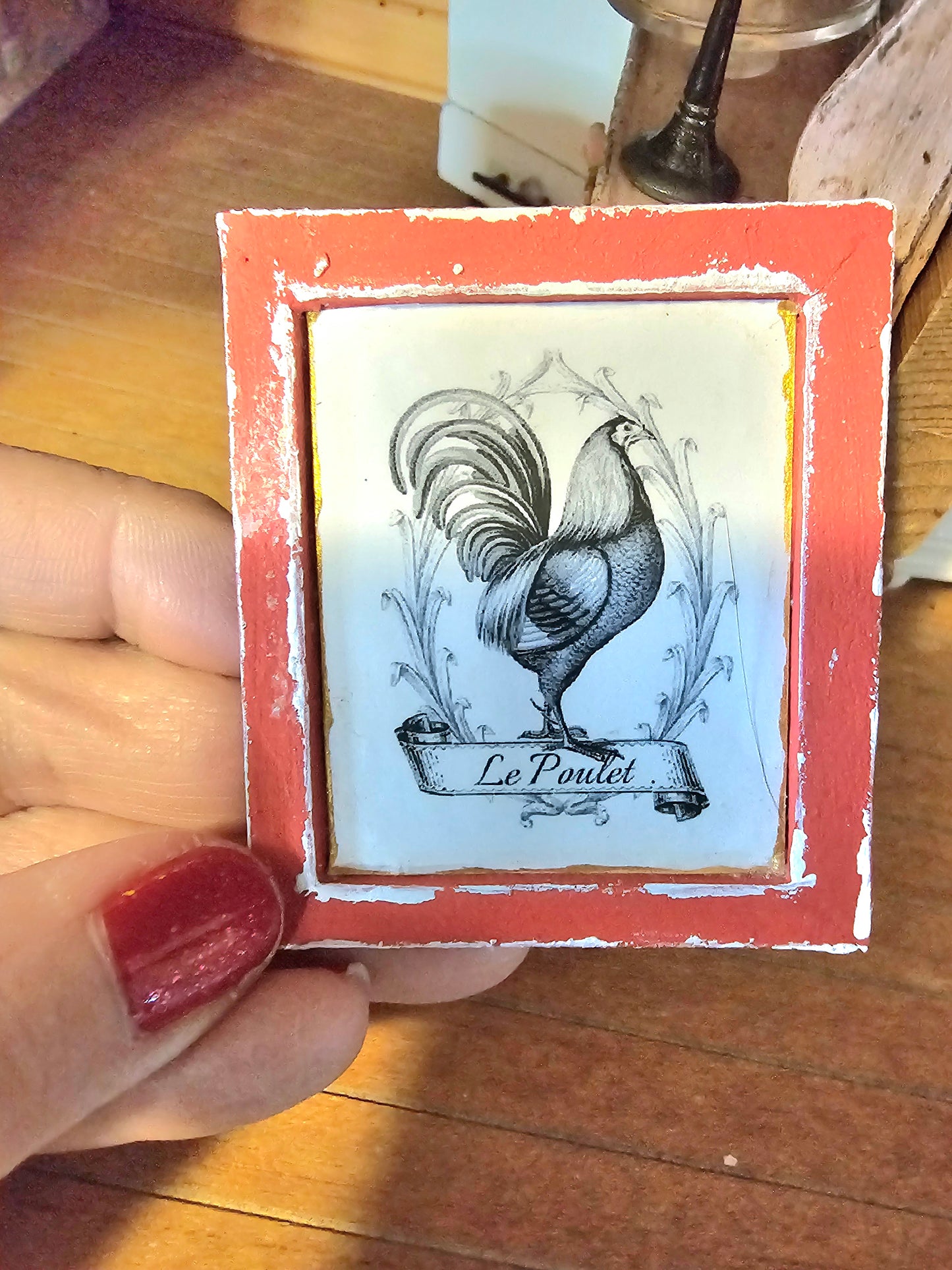 Miniature Rooster No.1:4 Red Wood Frame for Dollhouse Wall Decor
