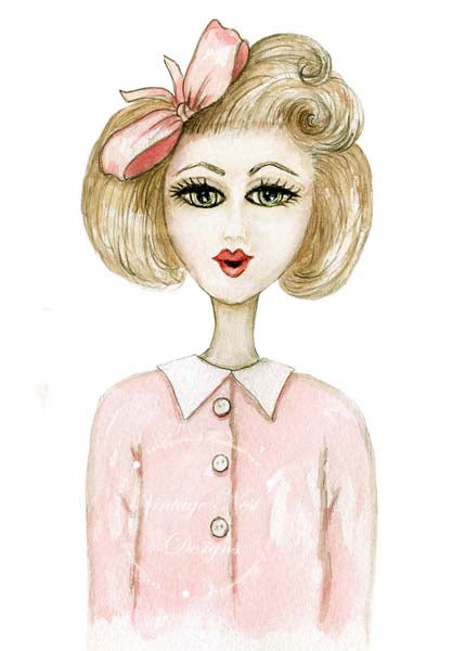 Digital Print 1950's Gal No.1 ACEO Watercolor Painting