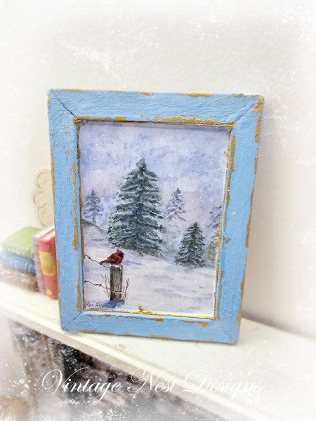 Miniature Winter Cardinal No.1:5 Handmade for Dollhouse Wooden Framed Art