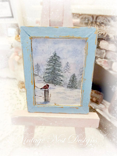Miniature Winter Cardinal No.1:5 Handmade for Dollhouse Wooden Framed Art