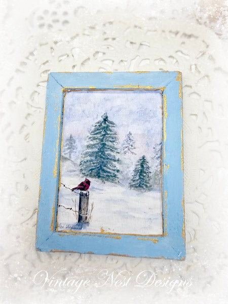 Miniature Winter Cardinal No.1:5 Handmade for Dollhouse Wooden Framed Art