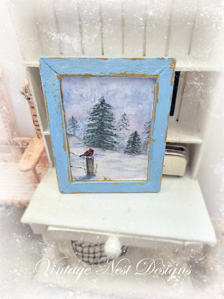 Miniature Winter Cardinal No.1:5 Handmade for Dollhouse Wooden Framed Art