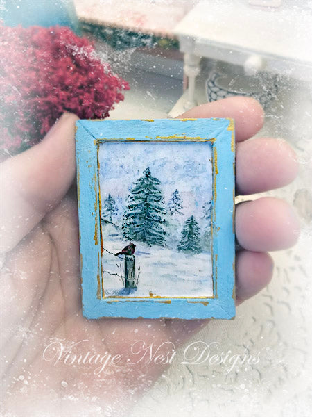 Miniature Winter Cardinal No.1:5 Handmade for Dollhouse Wooden Framed Art