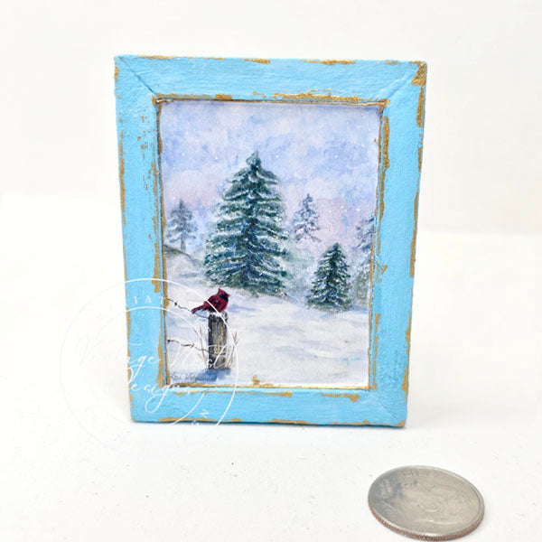 Miniature Winter Cardinal No.1:5 Handmade for Dollhouse Wooden Framed Art