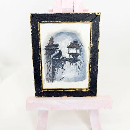 Crow Lantern No.1:6 Dollhouse Miniature Handmade Wooden Framed Art