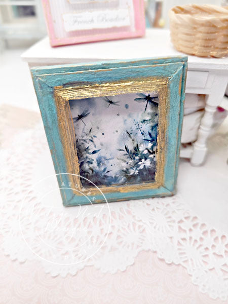 Miniature Flowers & Dragonfly No.1:6 Blue Wood Frame Dollhouse Wall Decor Accessory 112 Scale