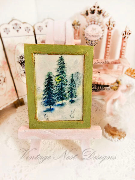 Miniature Winter Pines No.1:6 Dollhouse Handmade Wooden Framed Art