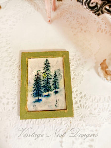 Miniature Winter Pines No.1:6 Dollhouse Handmade Wooden Framed Art