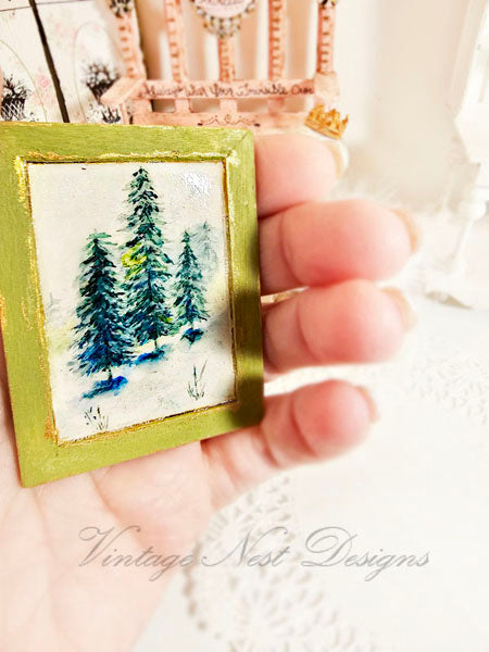 Miniature Winter Pines No.1:6 Dollhouse Handmade Wooden Framed Art