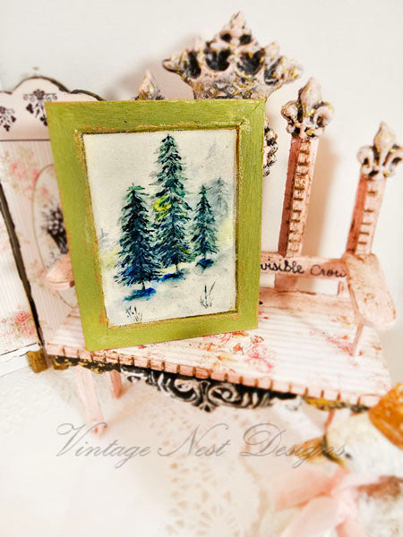 Miniature Winter Pines No.1:6 Dollhouse Handmade Wooden Framed Art