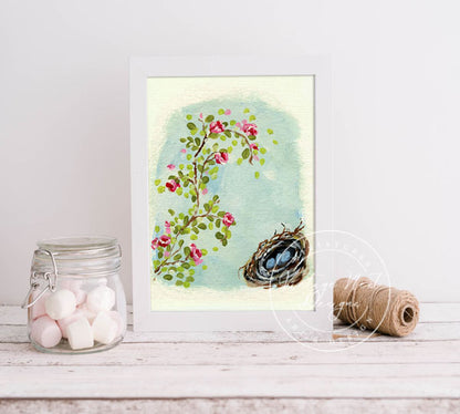 Digital Print Bird Nest Roses No.15 ACEO Acrylic Painting Instant Download