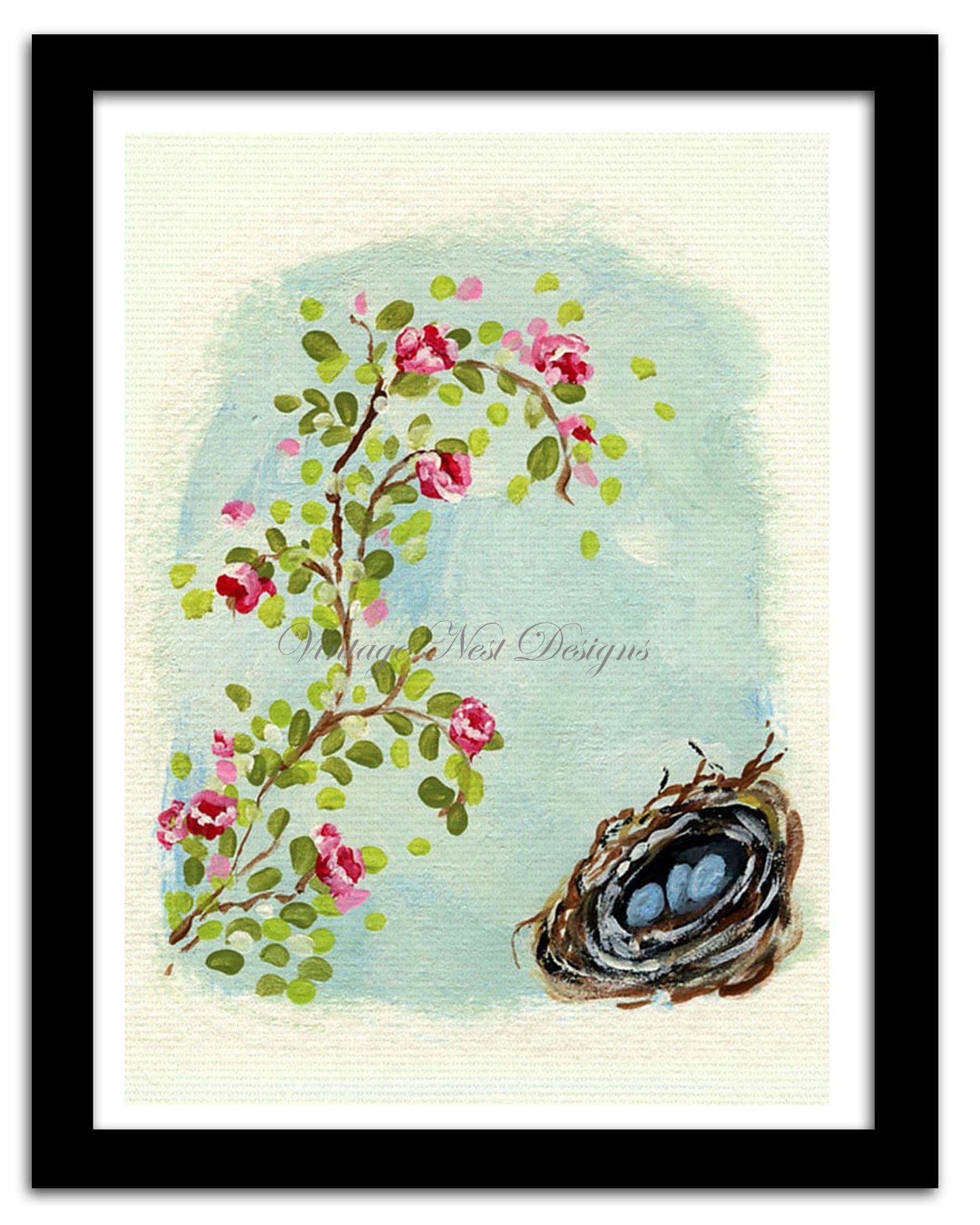 Digital Print Bird Nest Roses No.15 ACEO Acrylic Painting Instant Download