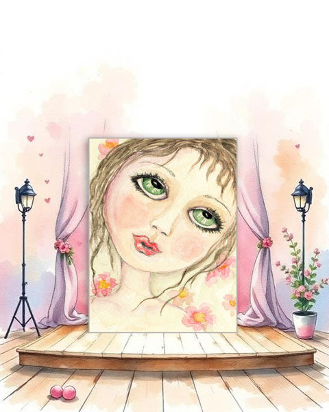 Digital Print Green Eyed Doll No.1 ACEO Watercolor Instant Download