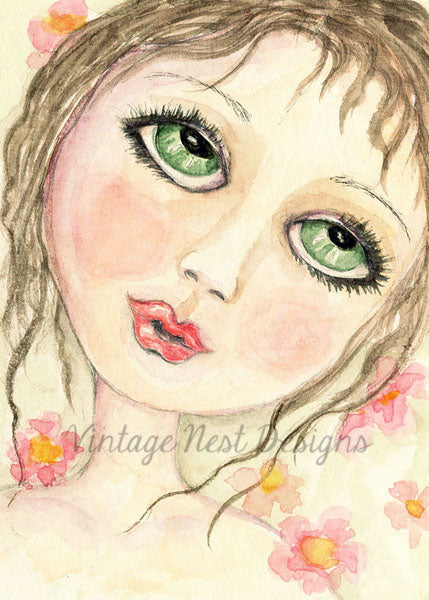 Digital Print Green Eyed Doll No.1 ACEO Watercolor Instant Download