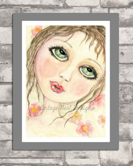 Digital Print Green Eyed Doll No.1 ACEO Watercolor Instant Download