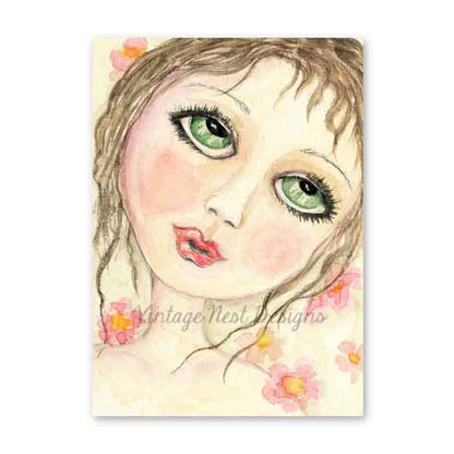 Digital Print Green Eyed Doll No.1 ACEO Watercolor Instant Download