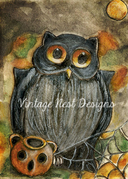 Digital Print Halloween Owl No.4 ACEO Watercolor Instant Download