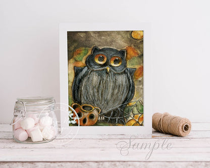 Digital Print Halloween Owl No.4 ACEO Watercolor Instant Download
