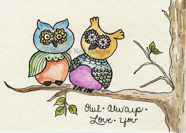 Digital Print Owl Always Love You No.1 ACEO Watercolor Painting Instant Download