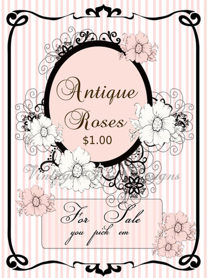 Digital Print Antique Roses Sign No.1 Dollhouse Miniature Instant Download