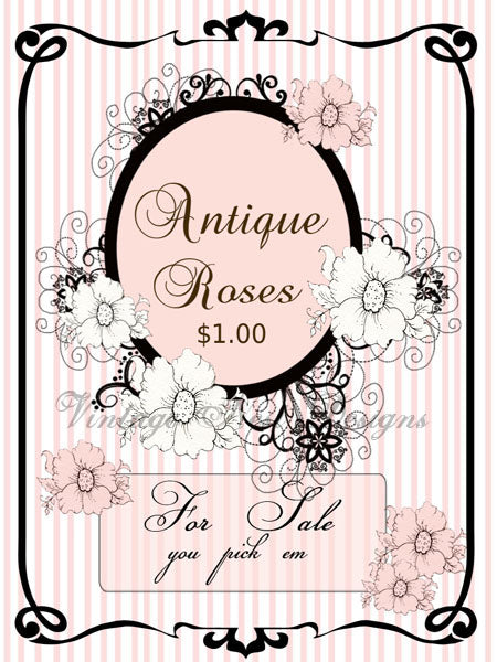 Digital Print Antique Roses Sign No.1 Dollhouse Miniature Instant Download