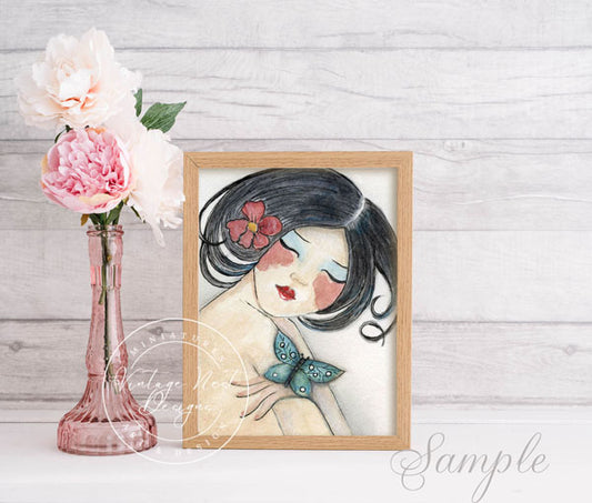 Digital Print Asian Woman No.1 Watercolor Painting Instant Download