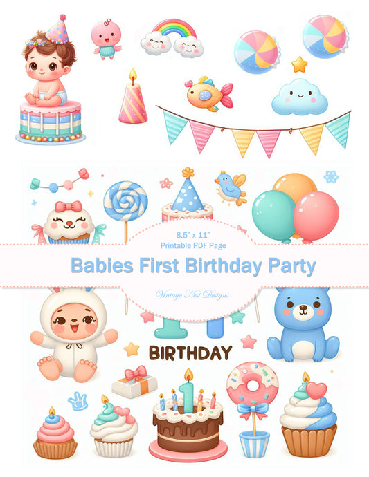 Digital Prints Babies First Birthday Party No.1 PDF Clipart Illustrations