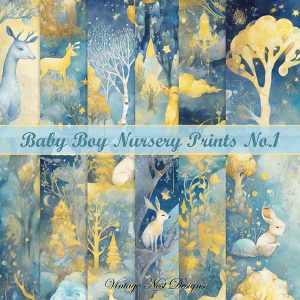 Digital Scrapbooking Baby Boy Nursery Prints No.1 Illustration Instant Download