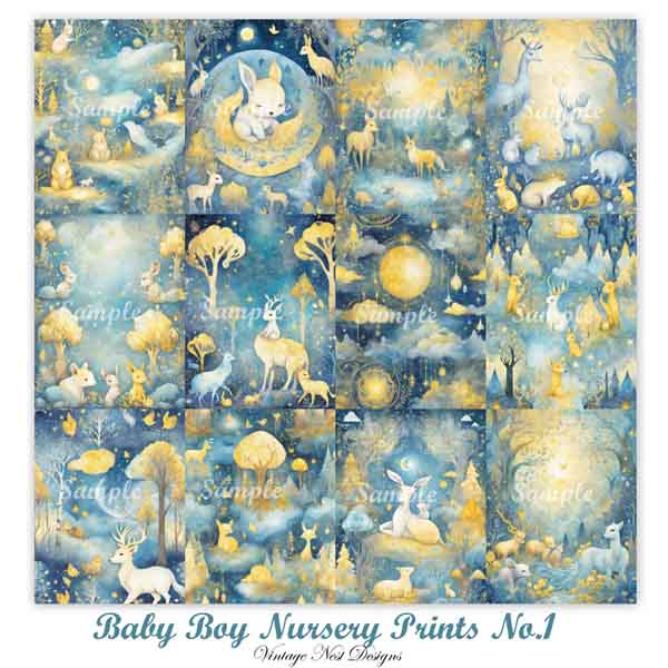 Digital Scrapbooking Baby Boy Nursery Prints No.1 Illustration Instant Download