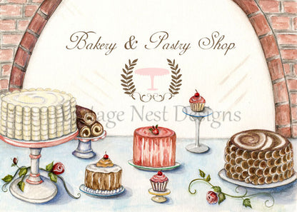 Bakery Pastry Shop Logo No.1 Digital Print Watercolor Painting