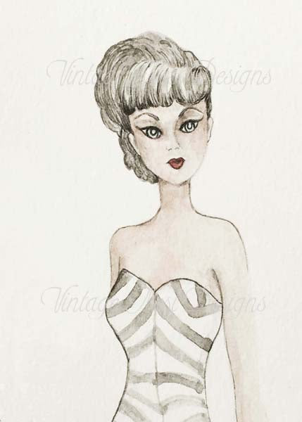 Digital Print Barbie No.7:2 Watercolor Painting Instant Download