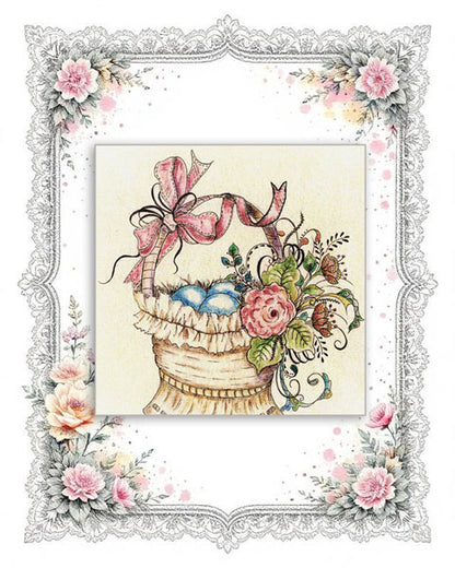Digital Print Basket of Flowers No.4 Watercolor Painting Miniature Instant Download