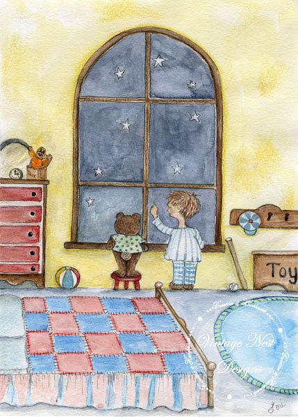 Digital Print The Boy & Bear Gazing at the Starz Watercolor Painting Instant Dowload