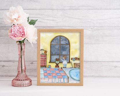 Digital Print The Boy & Bear Gazing at the Starz Watercolor Painting Instant Dowload