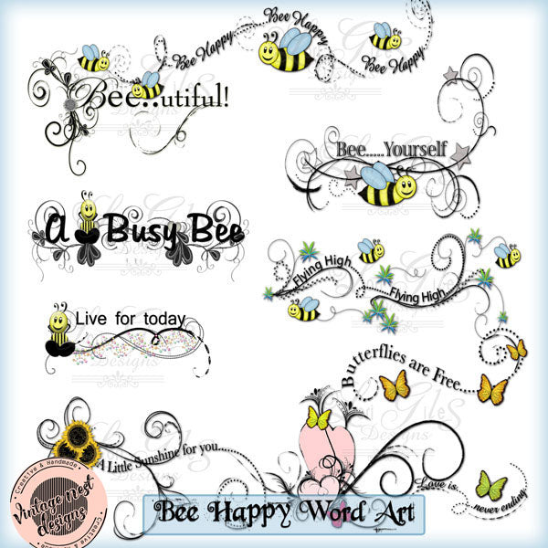 Digital Scrapbooking Bee Happy Word Art Illustrations Instant Download
