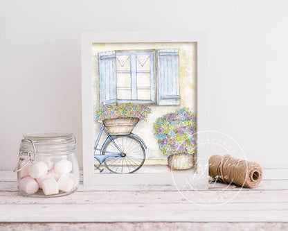 Digital Print Bicycle & Flowers No.1 Watercolor Painting Instant Download