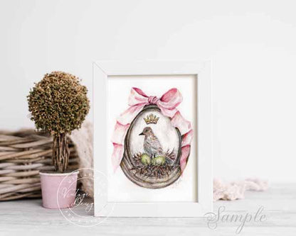Digital Print Bird Nest Green Eggs No.1 ACEO Watercolor Painting Instant Download