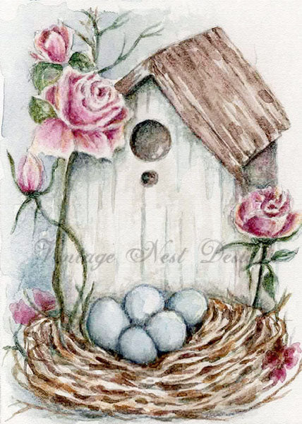 Digital Print Bird Nest Roses No.6:1 ACEO Watercolor Painting Instant Download