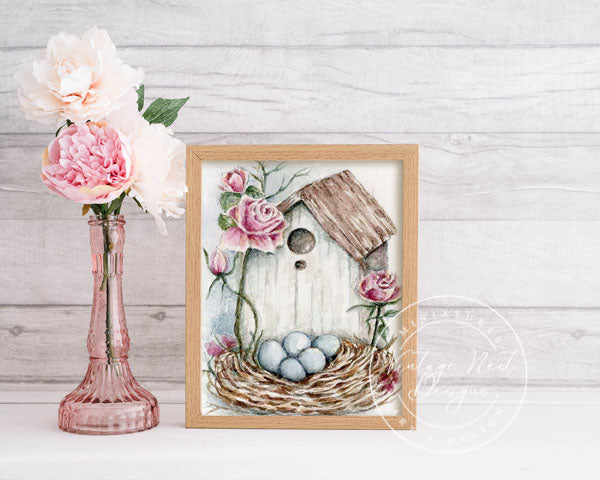 Digital Print Bird Nest Roses No.6:1 ACEO Watercolor Painting Instant Download