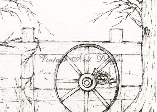 Digital Print Bird Nest Wagon Wheel No.1 Pen & Ink Instant Download