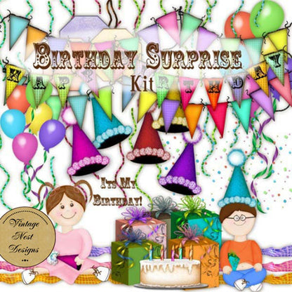 Digital Scrapbooking Birthday Surprise Kit Illustration Instant Download