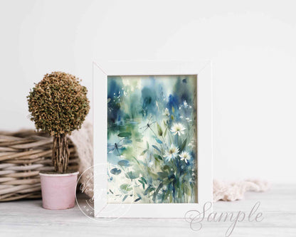 Digital Prints Flowers & Dragonflies Watercolor Painting Instant Download