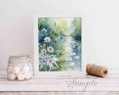 Digital Prints Flowers & Dragonflies Watercolor Painting Instant Download