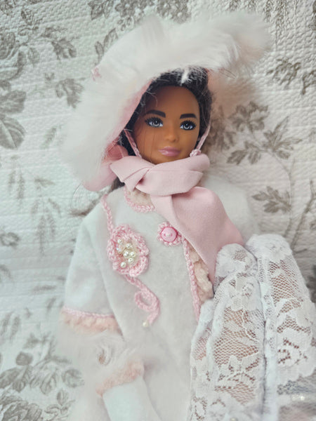 Barbie Fashion White Winter Coat & Blush Accessories Handmade 11.5" Scale Clothes