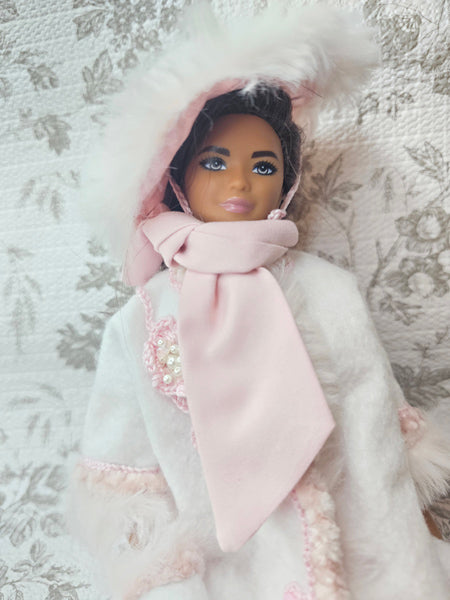 Barbie Fashion White Winter Coat & Blush Accessories Handmade 11.5" Scale Clothes