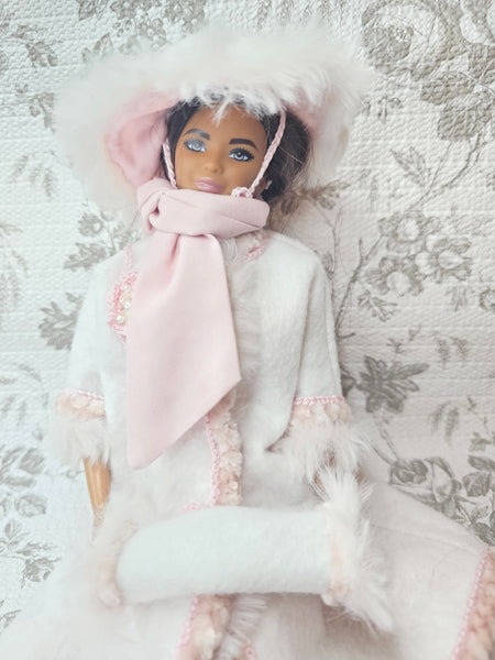 Barbie Fashion White Winter Coat & Blush Accessories Handmade 11.5" Scale Clothes