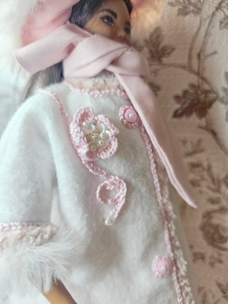 Barbie Fashion White Winter Coat & Blush Accessories Handmade 11.5" Scale Clothes