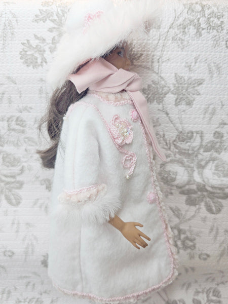 Barbie Fashion White Winter Coat & Blush Accessories Handmade 11.5" Scale Clothes