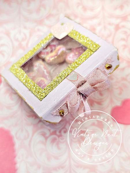 Miniature Box of Valentine Cookies No.1 Pink Wood Diorama Shadow Box