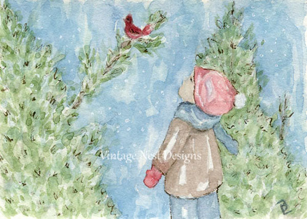Impression numérique Le petit garçon et le cardinal n°1, peinture aquarelle
